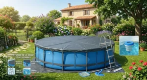 Piscine tubulaire ronde équipée d'une échelle d'accès et couverte d'une bâche de protection.