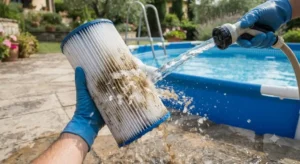 Primo piano di una cartuccia filtrante per piscina durante la pulizia con acqua