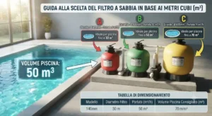 Guida visiva per scegliere la dimensione corretta del filtro a sabbia per piscina in base ai metri cubi