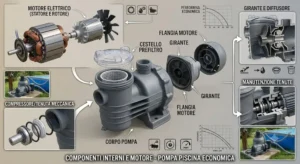 Illustrazione dettagliata dei componenti interni e del motore di una pompa piscina economica