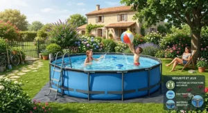 Enfants s'amusant avec un ballon gonflable dans une piscine tubulaire ronde sécurisée.