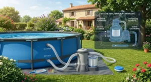 Système de filtration à cartouche raccordé à une piscine tubulaire ronde pour purifier l'eau.