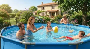 Une famille profitant d'une baignade dans une piscine tubulaire ronde hors sol.
