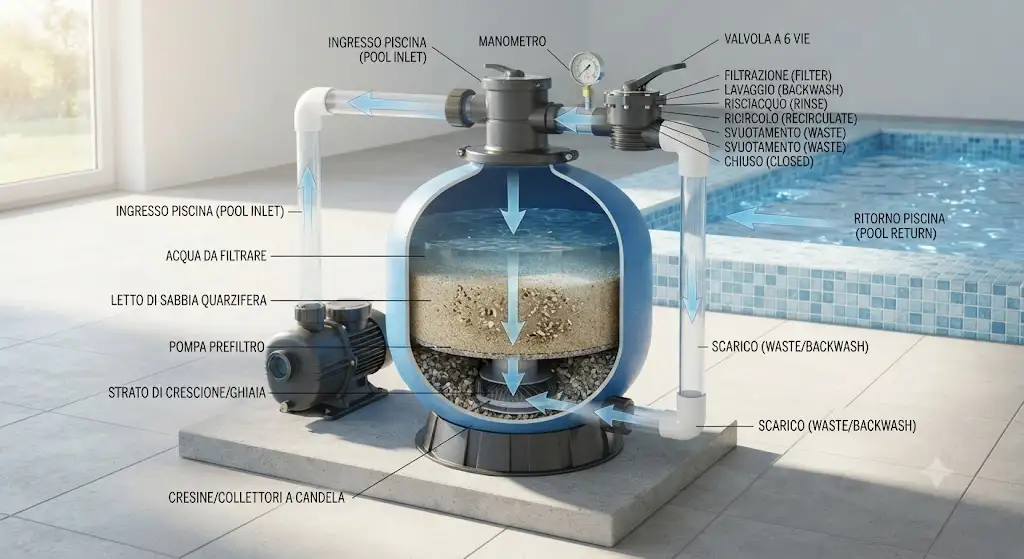 Schema di funzionamento di un filtro a sabbia per piscina e circolazione dell'acqua