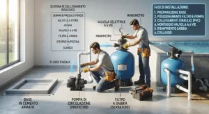 Fasi di installazione e collegamento di un impianto di filtrazione a sabbia per piscina interrata