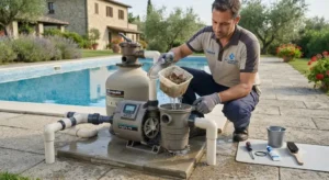 Intervento di manutenzione e pulizia del cestello della pompa per piscina