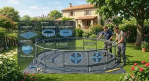 Schéma montrant les étapes d'installation de la structure en acier d'une piscine tubulaire ronde.
