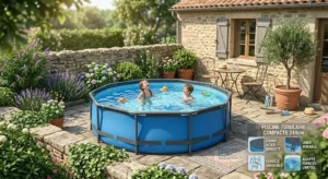 Modèle compact de piscine tubulaire ronde adapté aux petits espaces extérieurs et terrasses.