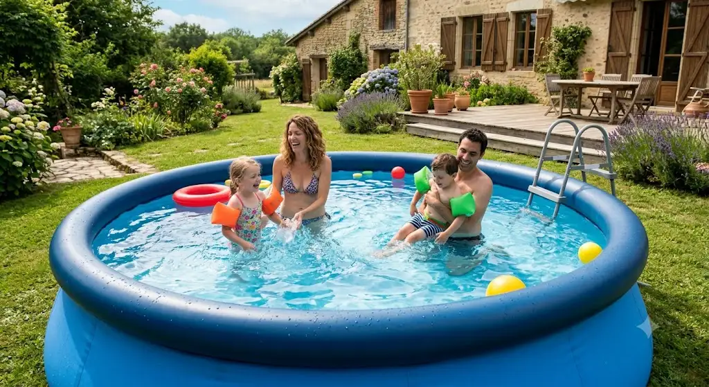 Famille se rafraîchissant dans une piscine autoportante familiale installée dans le jardin