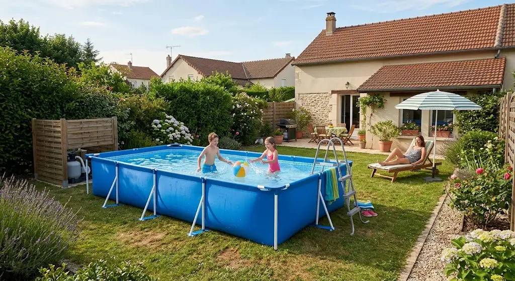 Grande piscine hors sol tubulaire pas cher installée dans un jardin familial rectangulaire.