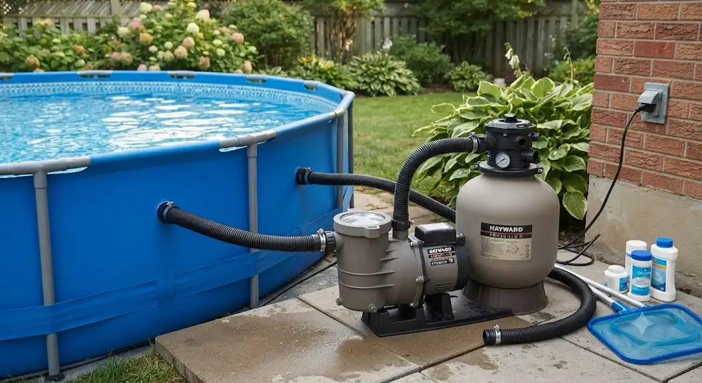 Pompa per piscina fuori terra installata e pronta per il filtraggio dell acqua