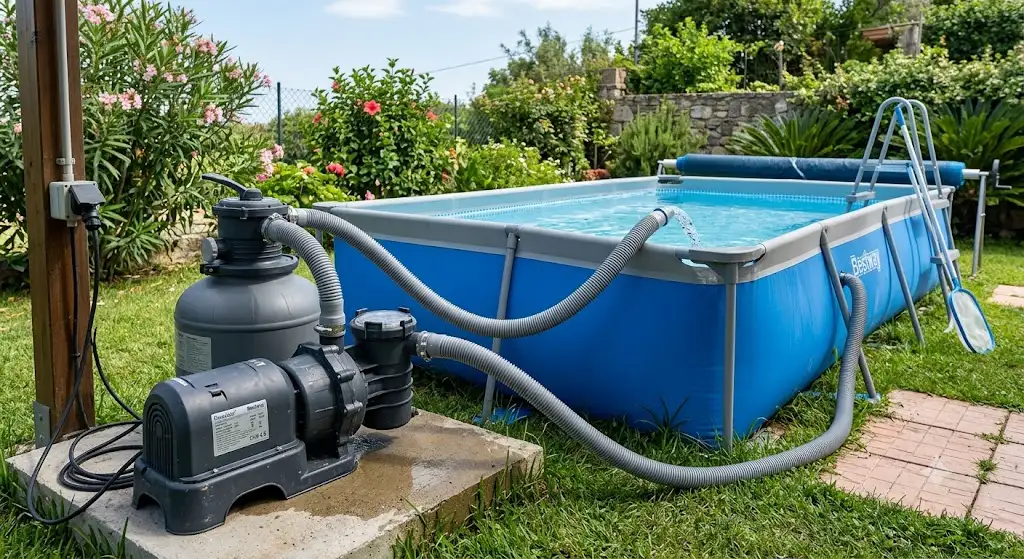 Pompa piscina economica collegata a una piscina fuori terra in giardino per la filtrazione dell'acqua