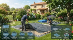 Mise en place d'un tapis de sol protecteur sous une piscine tubulaire ronde sur terrain plat.