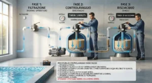 Illustrazione passo passo per effettuare il controlavaggio o backwash del filtro a sabbia piscina