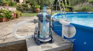 Schema illustrativo del funzionamento di un filtro a cartuccia per piscina