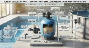 Schema idraulico completo con pompa, skimmer e filtro a sabbia per piscina fuoriterra e interrata