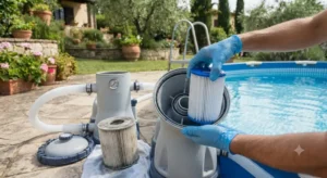 Operazione di sostituzione della cartuccia di ricambio nel filtro della piscina
