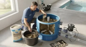 Fase di sostituzione della sabbia quarzifera all'interno del filtro per la pulizia dell'acqua della piscina