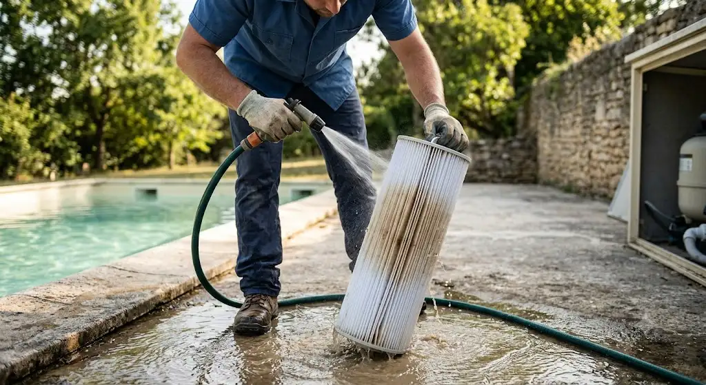 Nettoyage manuel d'un filtre à cartouche piscine avec un jet d'eau