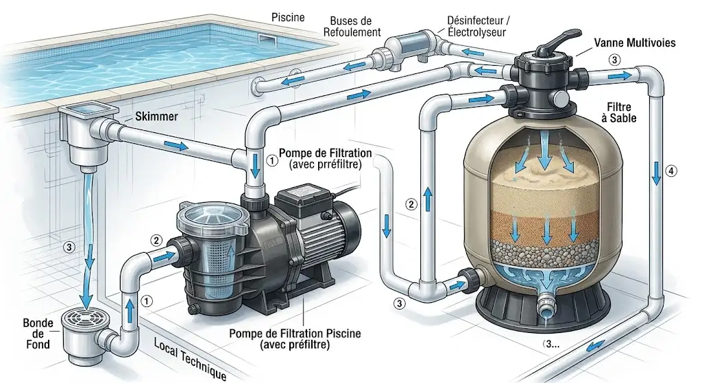 Schéma explicatif du fonctionnement d'une pompe de filtration piscine dans le système hydraulique