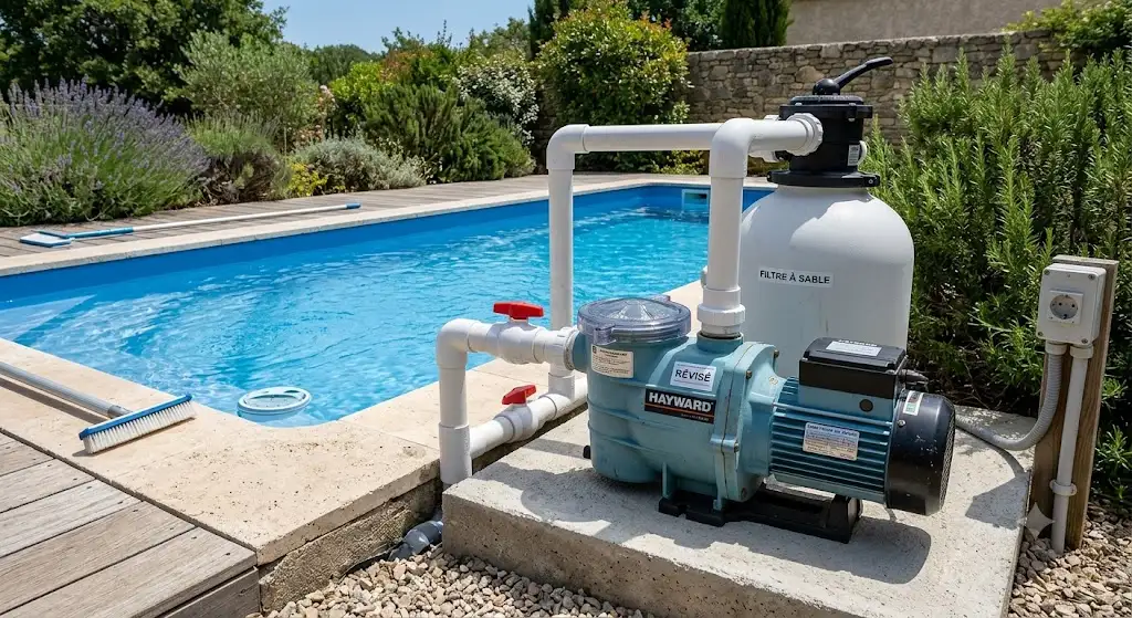 Illustration d'une pompe piscine pas cher révisée et installée près d'un bassin extérieur