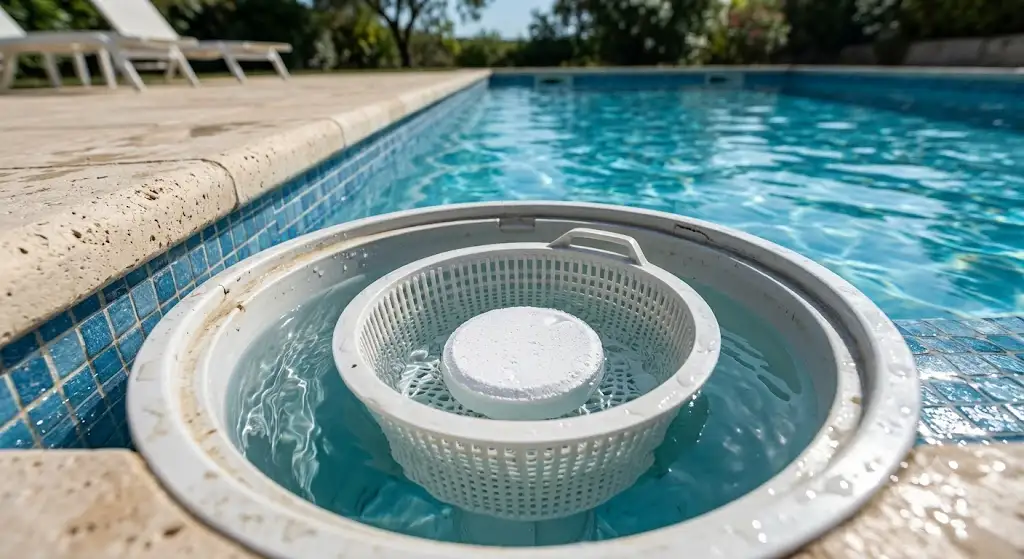 Galet de chlore multifonction piscine placé dans le panier du skimmer d'une piscine.