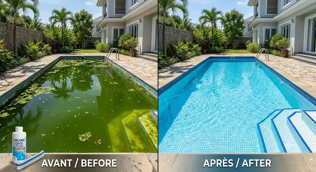 Comparaison de l'eau d'une piscine verte et trouble avant et après un traitement au chlore choc piscine