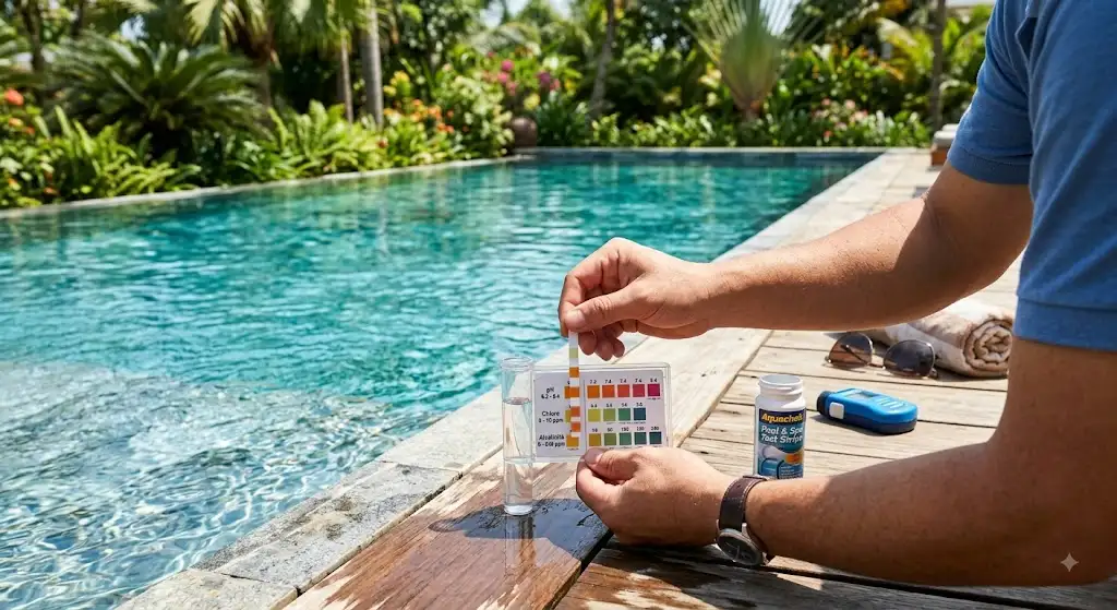 Mesure du pH piscine à l'aide d'une bandelette de test colorimétrique