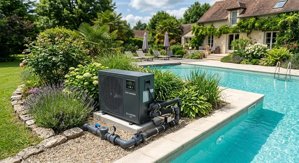 Installation moderne d'une pompe à chaleur piscine inverter dans un jardin résidentiel près du bassin