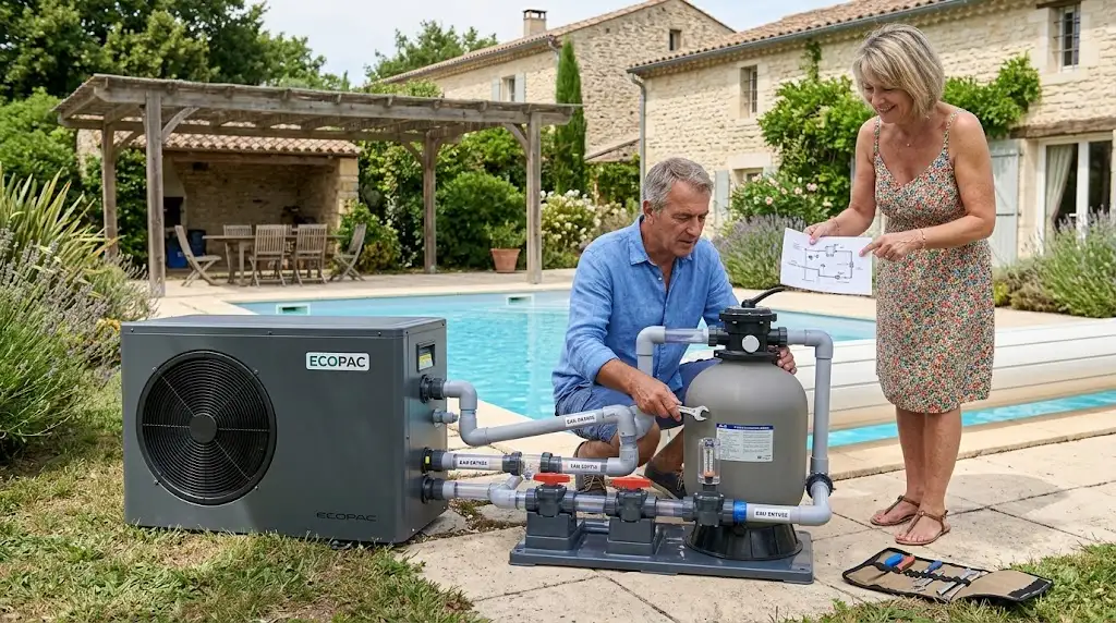 Schéma d'installation simple et rapide d'une pompe à chaleur piscine pas cher économique dans un jardin