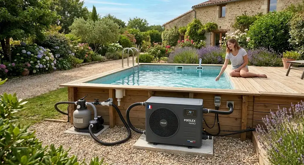 Illustration d'une pompe à chaleur compacte installée à côté d'une petite piscine de jardin pompe à chaleur petite piscine