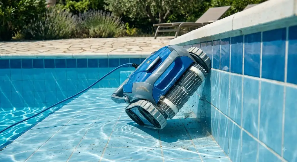 Robot piscine fond et parois automatique en cours de nettoyage dans une piscine creusée.