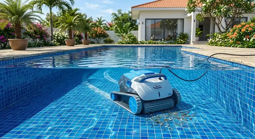Robot piscine Dolphin en plein nettoyage automatique du fond d'un bassin résidentiel
