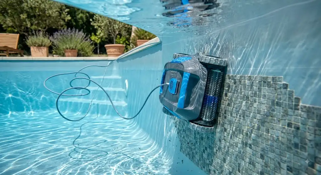 robot piscine pas cher nettoyant efficacement le fond et les parois d'une piscine familiale