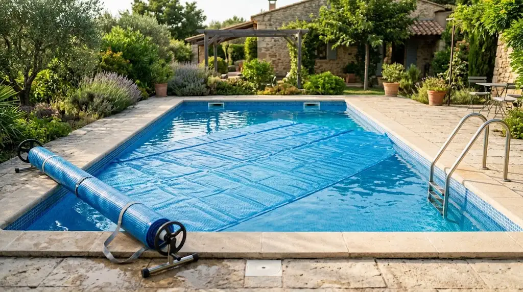 Bâche à bulles 400 microns bleue posée sur l'eau d'une piscine rectangulaire pour conserver la chaleur.