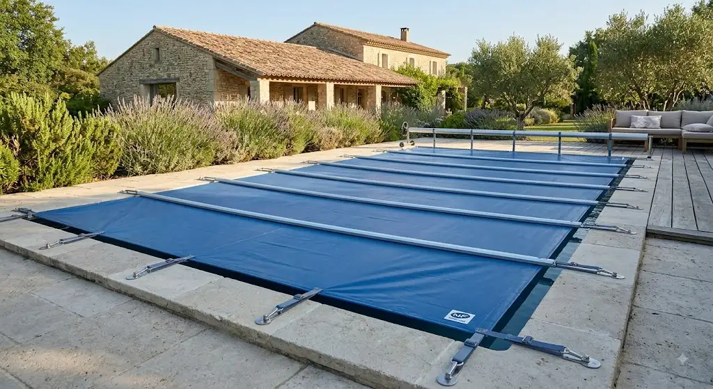 couverture de sécurité à barres piscine enterrée conforme à la norme NF P90-308