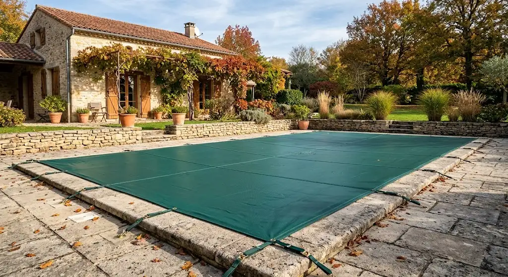 Bâche d'hivernage piscine sur mesure bien tendue au-dessus d'un bassin enterré en automne