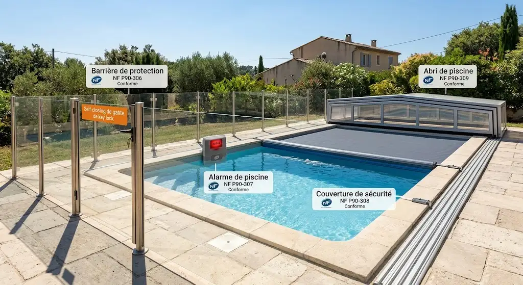 Illustration des quatre dispositifs de sécurité conformes à la loi sécurité piscine en France.