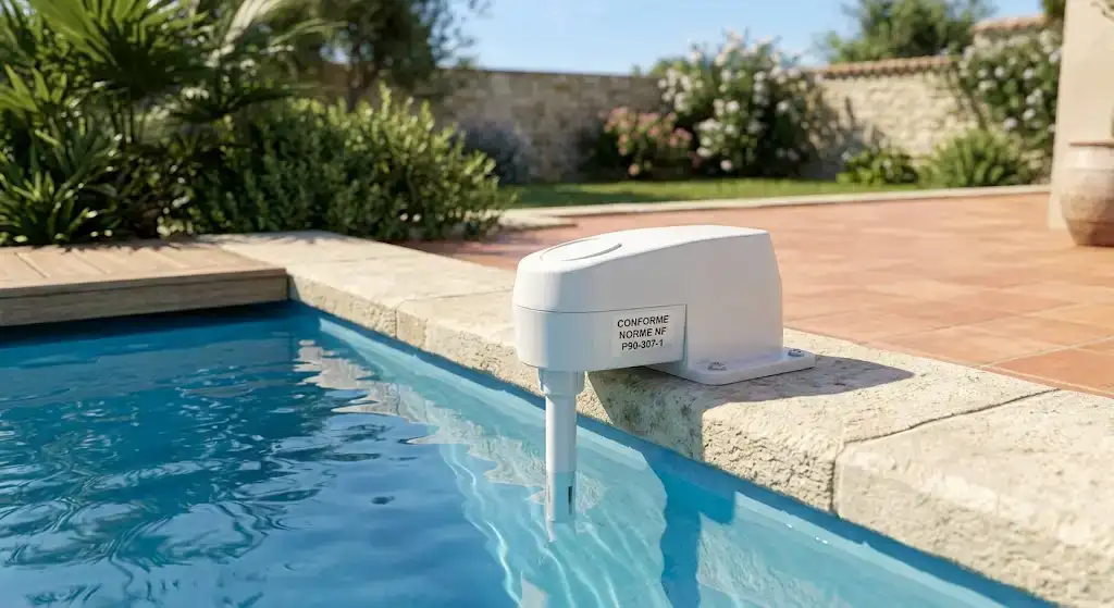 alarme piscine immersion conforme à la norme NF P90-307-1 installée sur la margelle d'un bassin