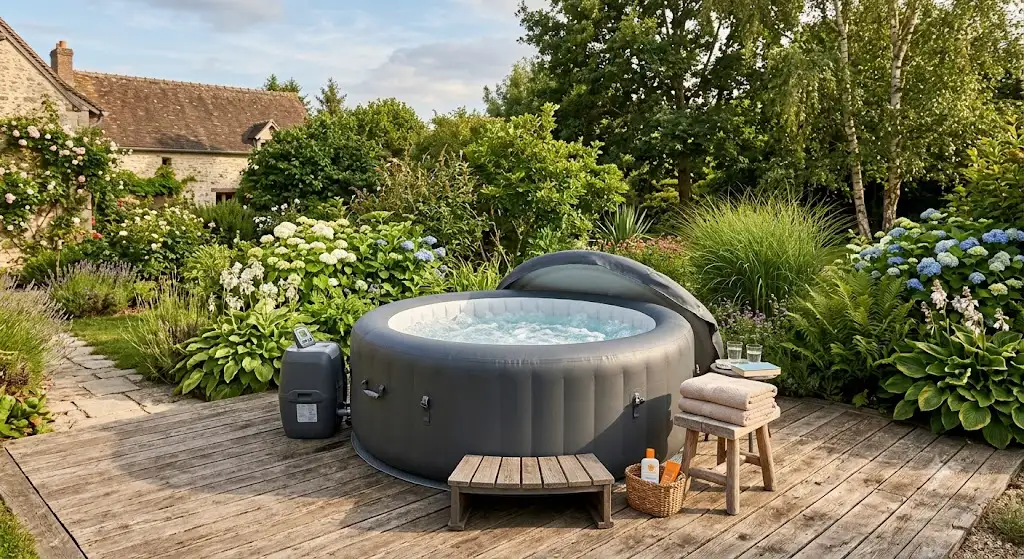 Spa gonflable 4 places rond installé sur une terrasse en bois dans un jardin paysager.