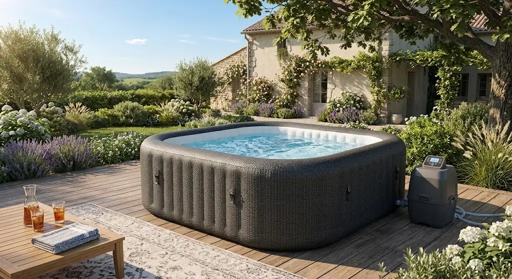 Spa gonflable 6 places installé sur une terrasse en bois dans un jardin