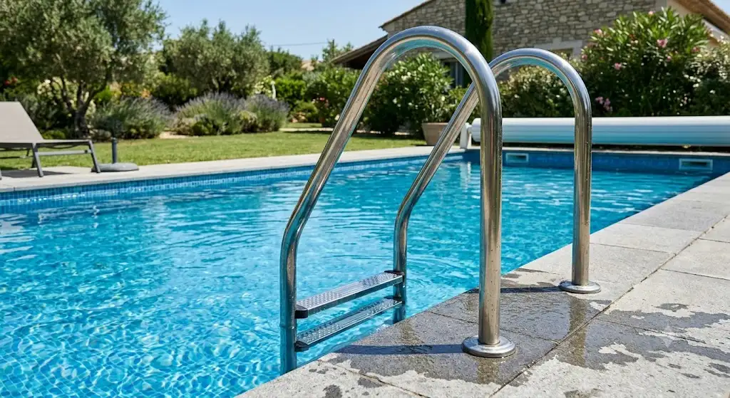 Échelle de piscine en acier inoxydable à 3 marches installée sur une piscine enterrée.