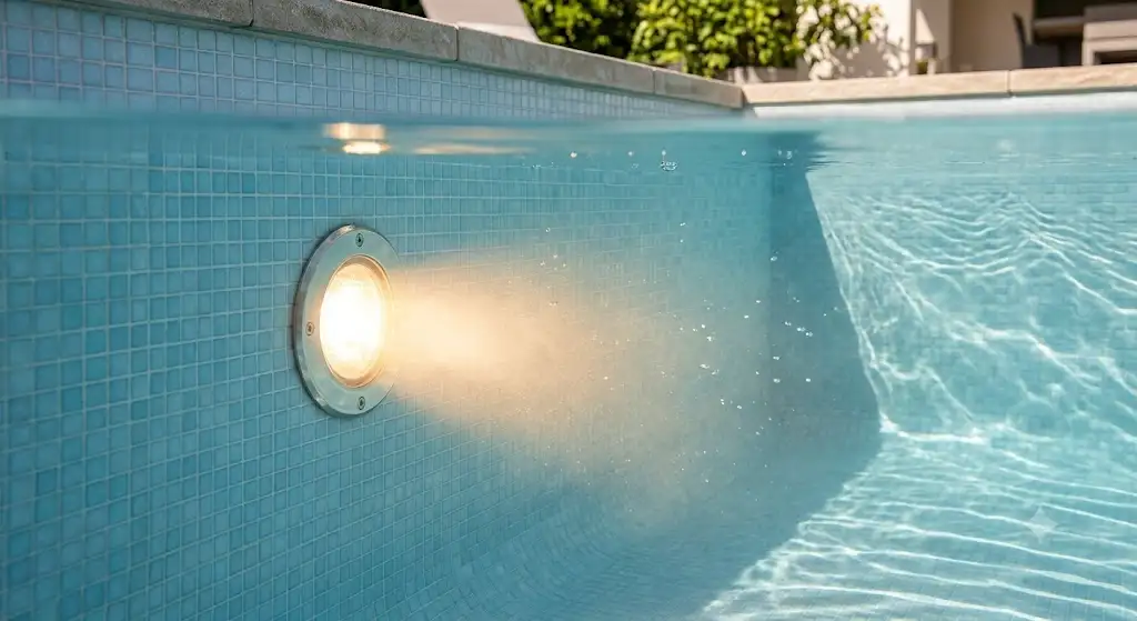 Projecteur LED piscine encastrable diffusant une lumière blanc chaud sous l'eau
