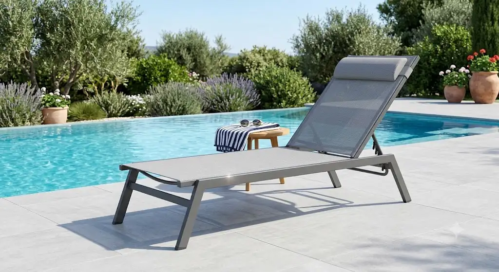 Transat piscine design en aluminium gris pose sur la terrasse au bord de leau