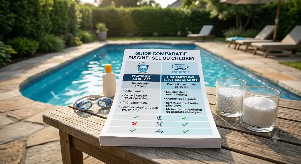 Tableau comparatif entre le traitement au chlore et l'électrolyse au sel pour piscine (chlore ou sel piscine)