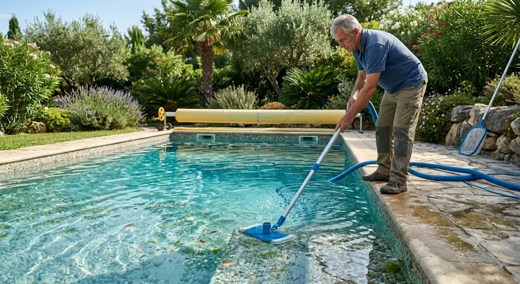 Nettoyage minutieux du fond et des parois du bassin avant d'hiverner sa piscine. comment hiverner sa piscine