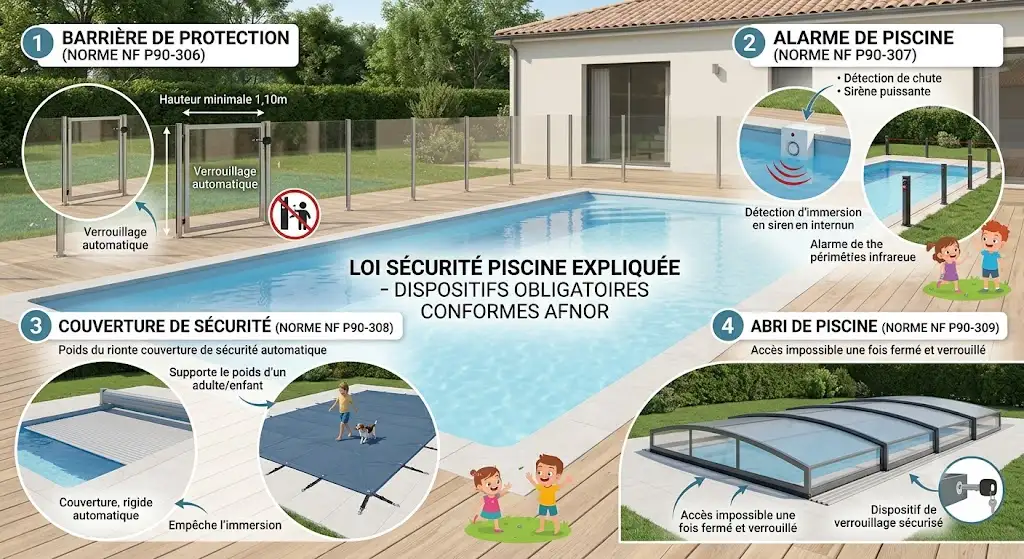 Schéma récapitulatif de la loi sécurité piscine expliquée privées présentant les 4 équipements obligatoires conformes aux normes AFNOR.