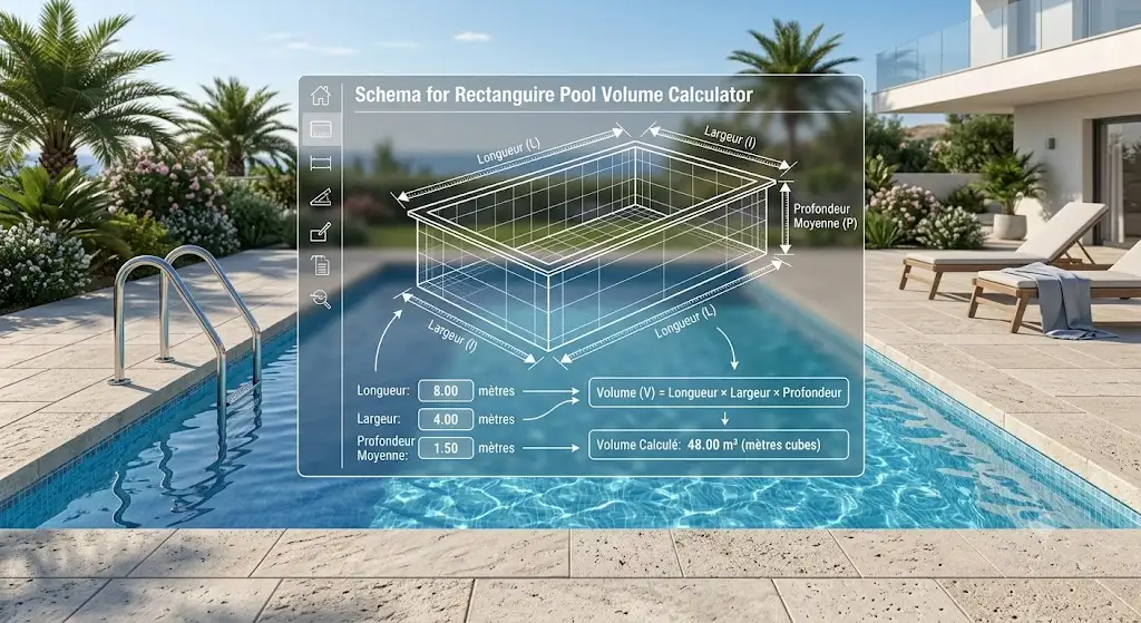 Schéma explicatif du calculateur volume piscine rectangulaire