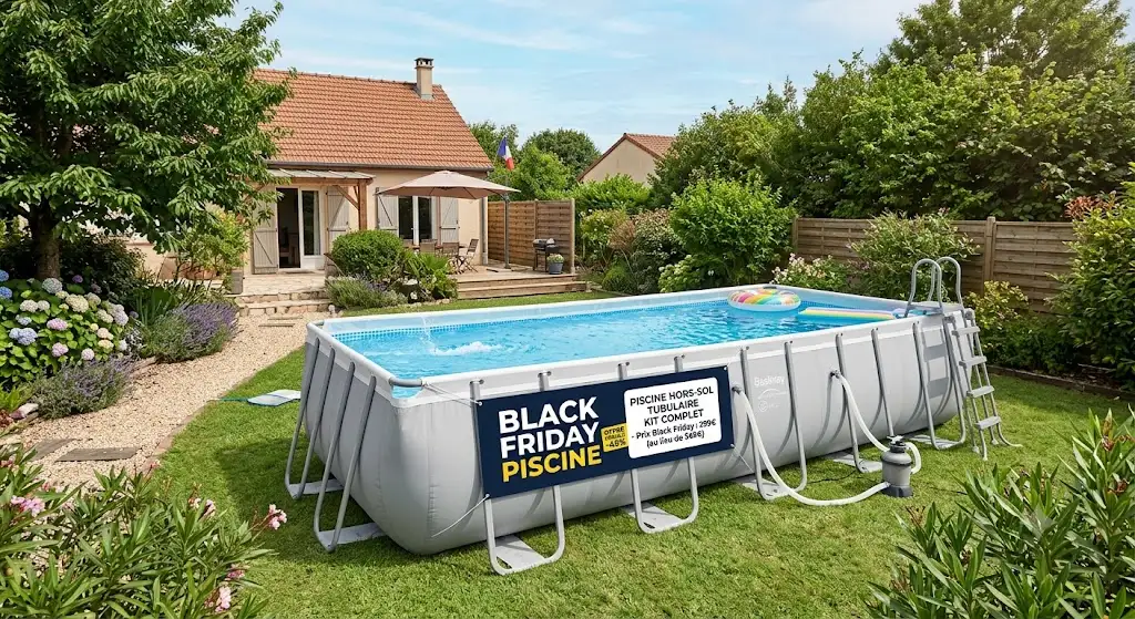 Promotion black friday piscine sur une hors-sol tubulaire rectangulaire installée dans un jardin
