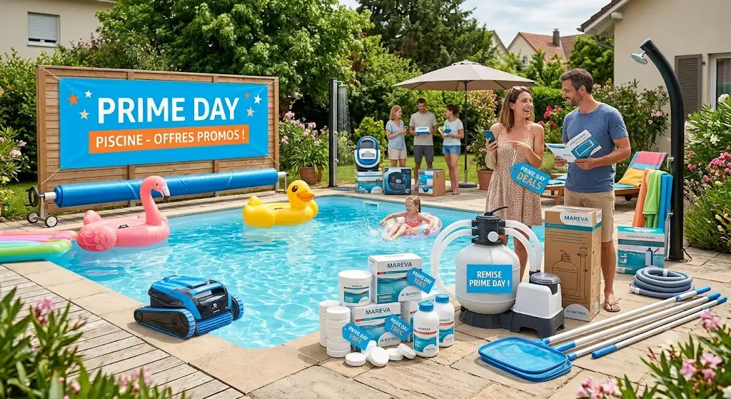 Illustration de promotions exceptionnelles sur les équipements de piscine pendant l'événement prime day piscine.